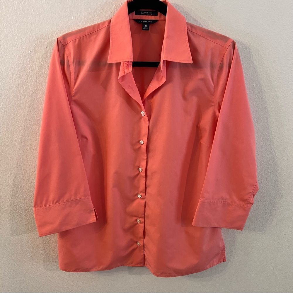 Lands’ End Top Blouse Women Wrinkle-Free Coral Size 10 3/4 Sleeve